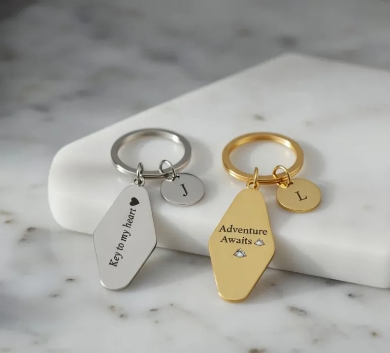 Personalized Gold & Silver Rhomboid Keychains: Custom Engraved Double Tag Set