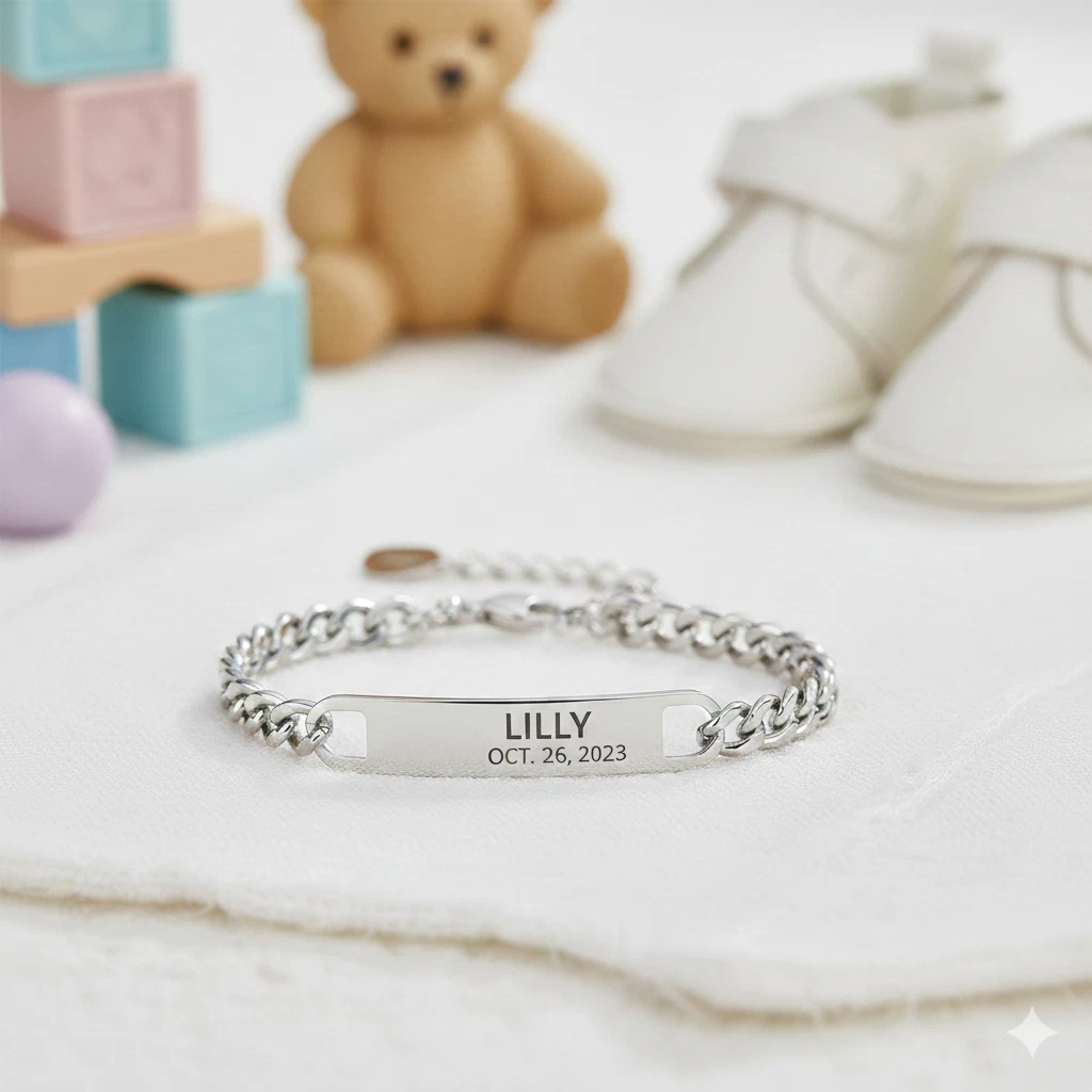 Child Newborn Baby Kid ID Name Bracelet Chain Birthday Gift Personalized Engrave
