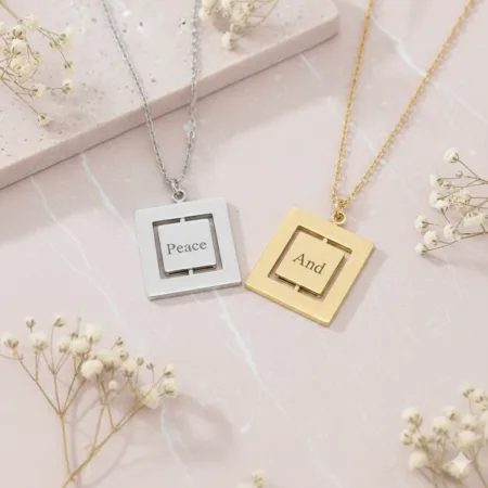 Personalised Engraved Women Name Square Revolving Necklace Gold Silver Christmas