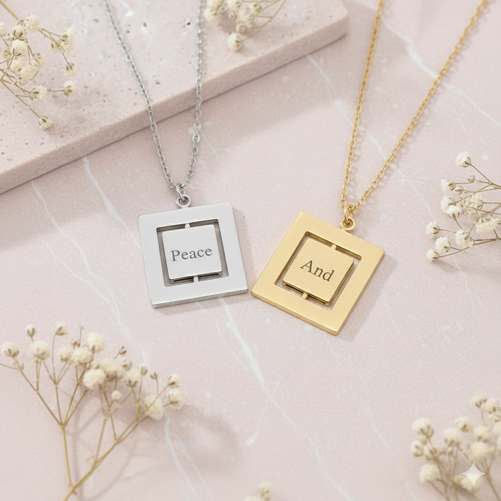 Personalised Engraved Women Name Square Revolving Necklace Gold Silver Christmas