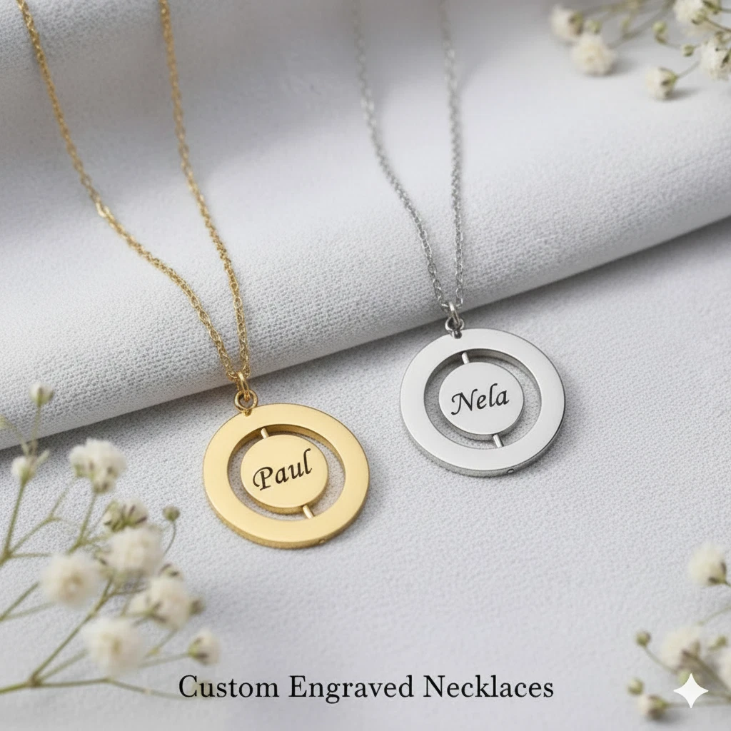 Personalised Engraved Women Name Circle Revolving Necklace Gold Silver Christmas