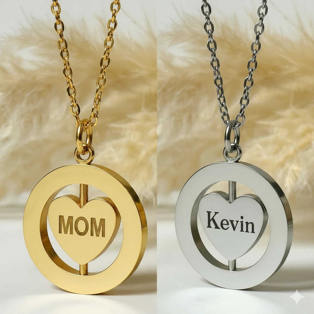 Personalised Engraved Womens Name Heart Revolving Necklace Gold Silver Christmas