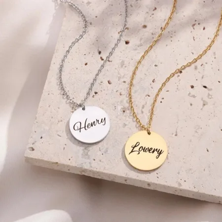 Personalised Round Necklace Custom engraved Initial Date, Name Gold Silver Gift