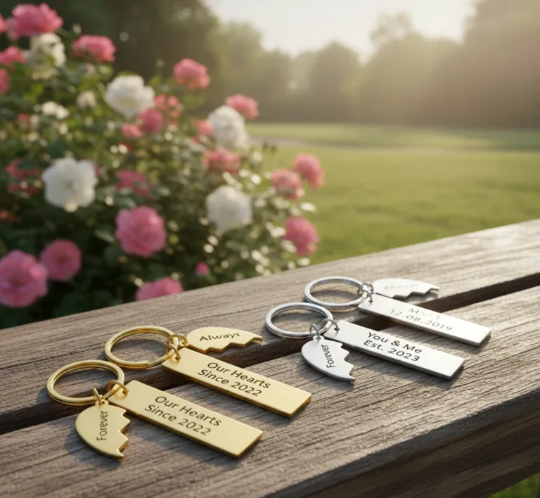 Custom Split Heart Keychains: Personalized Gold & Silver Double Tag Engraved Set