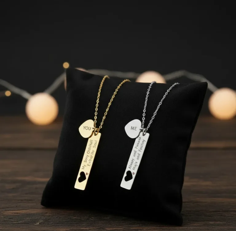Unity-Bar Heart Set: Custom Engraved Tarnish-Proof Gold & Silver Necklace