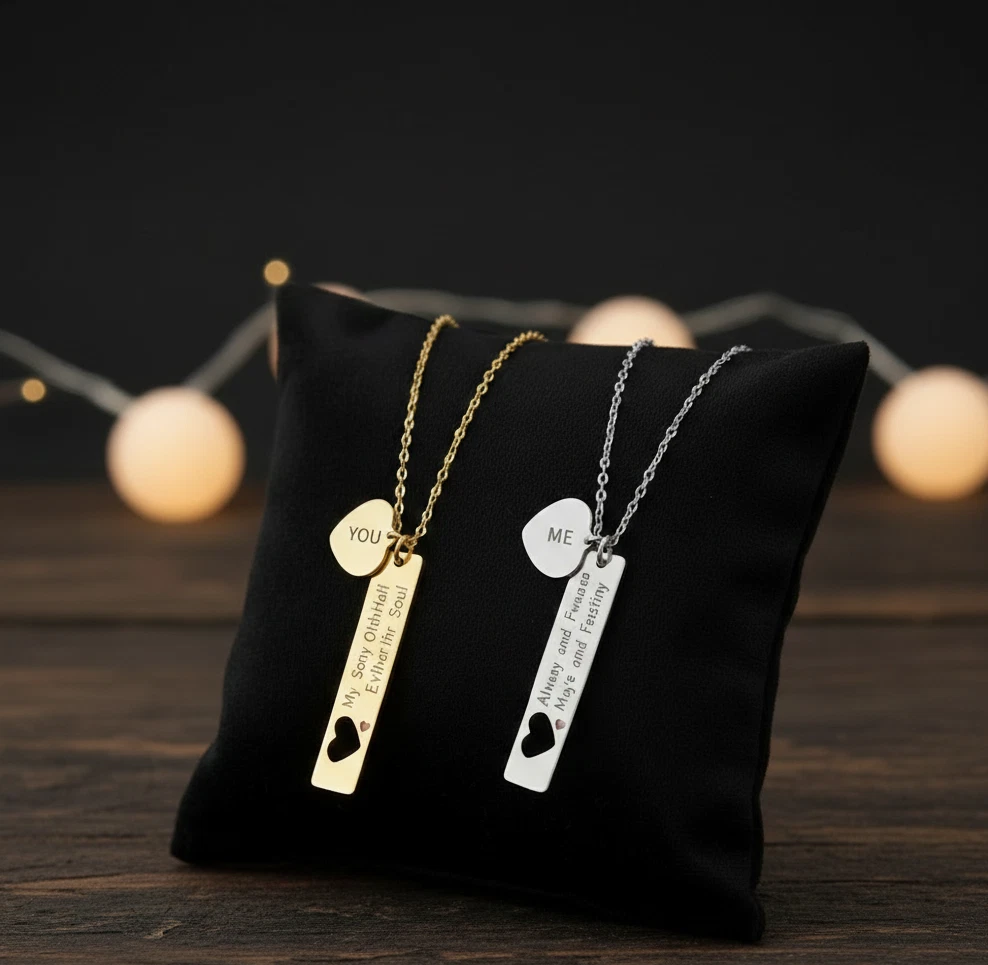 Unity-Bar Heart Set: Custom Engraved Tarnish-Proof Gold & Silver Necklace