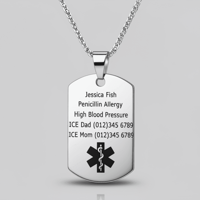 Personalised Medical Alert Amy Dog Tag Necklace for Men Women Allergy Emergency