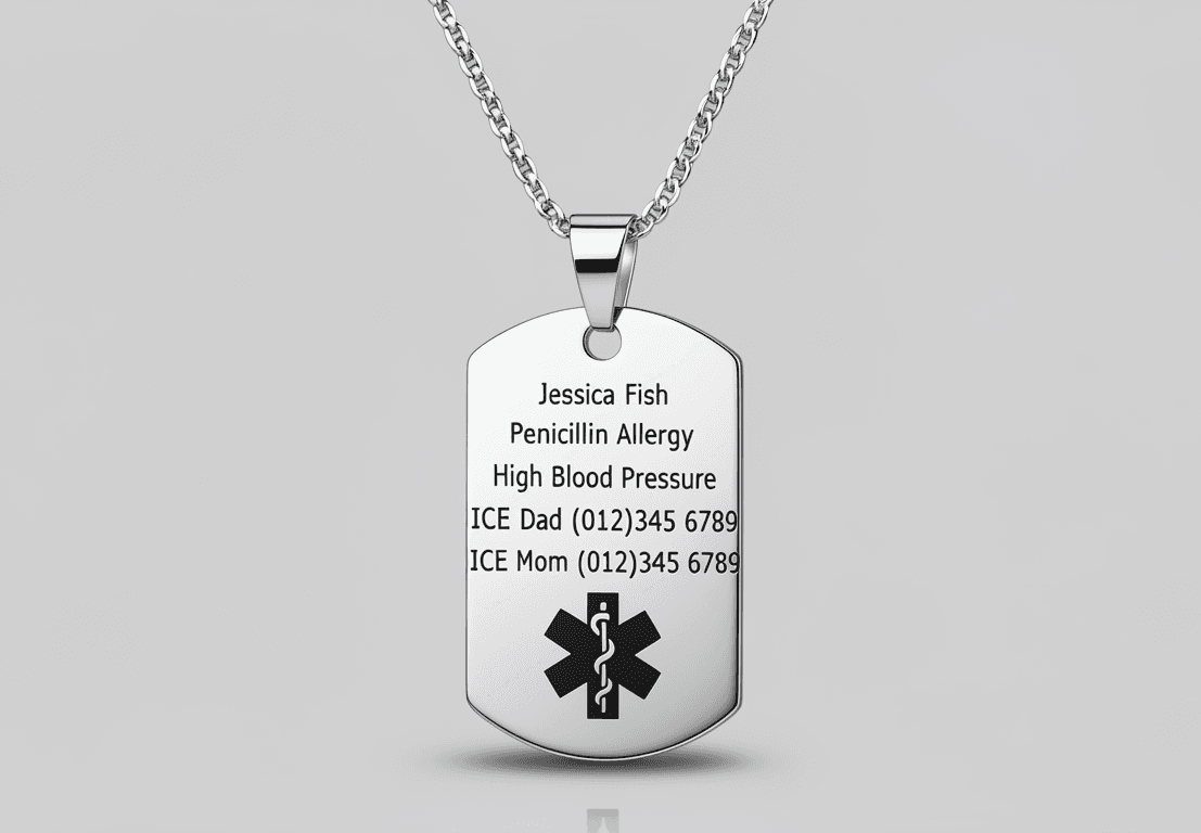 Personalised Medical Alert Amy Dog Tag Necklace for Men Women Allergy Emergency