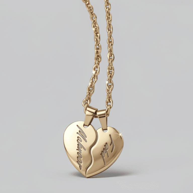 2 Piece Split Heart Necklace Set – Custom Engraved Couple Name Pendant Gift