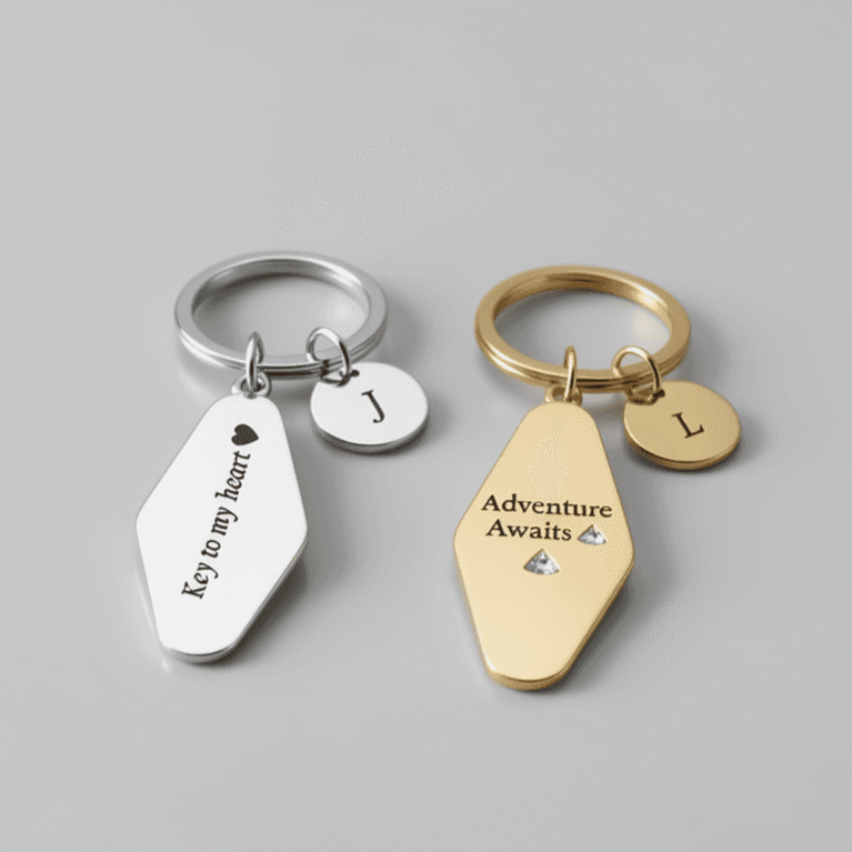 Personalized Gold & Silver Rhomboid Keychains: Custom Engraved Double Tag Set