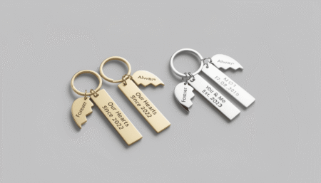 Custom Split Heart Keychains: Personalized Gold & Silver Double Tag Engraved Set