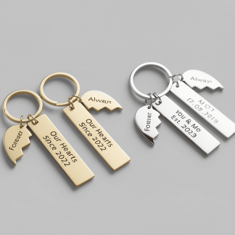 Custom Split Heart Keychains: Personalized Gold & Silver Double Tag Engraved Set
