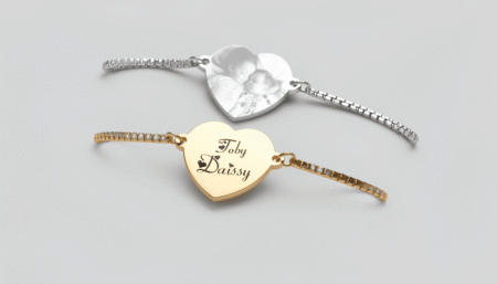 Personalized Custom Engraved Heart Charm Bracelet in Gold and Silver Steel