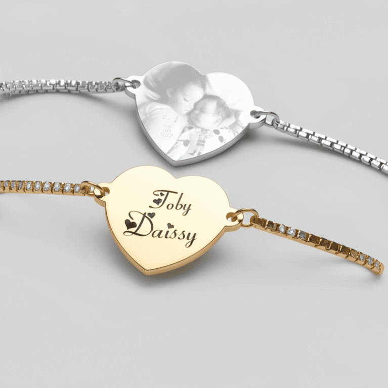Personalized Custom Engraved Heart Charm Bracelet in Gold and Silver Steel