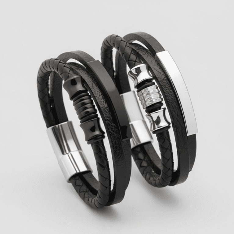 Custom Men’s 3-Strand Braided Leather Bracelet – Engraved Stainless Steel Bar