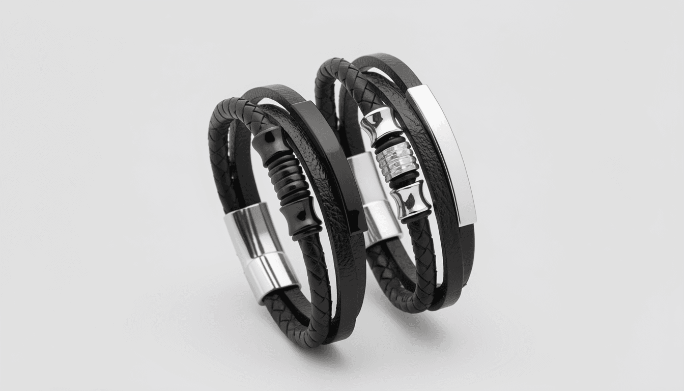 Custom Men’s 3-Strand Braided Leather Bracelet – Engraved Stainless Steel Bar