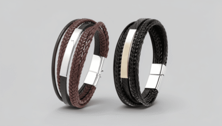 Custom Mens 5-Strand Braided Leather Bracelet – Engraved Steel Charm Black/Brown
