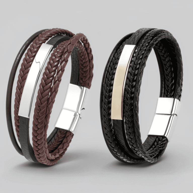 Custom Mens 5-Strand Braided Leather Bracelet – Engraved Steel Charm Black/Brown