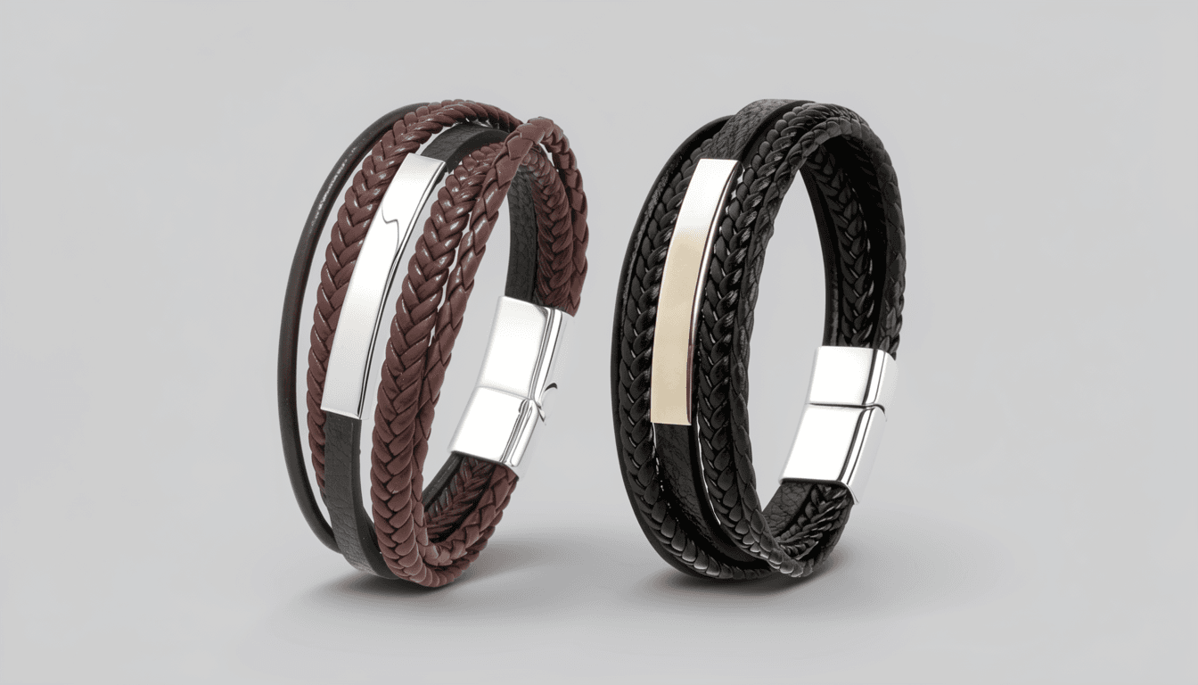 Custom Mens 5-Strand Braided Leather Bracelet – Engraved Steel Charm Black/Brown