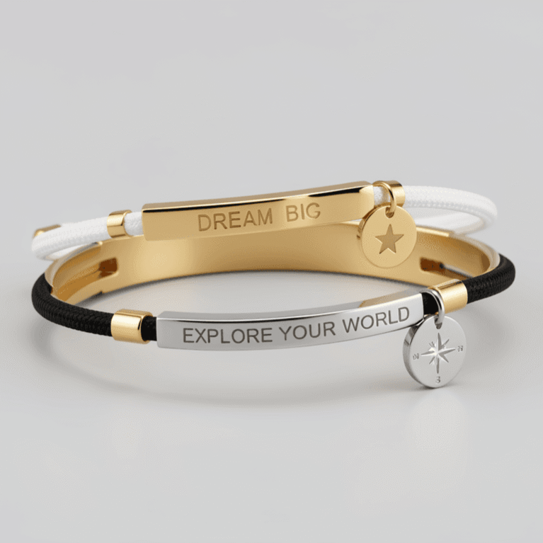 Personalized Minimalist Cord Bracelet: Engraved Bar & Charm in Gold & Silver