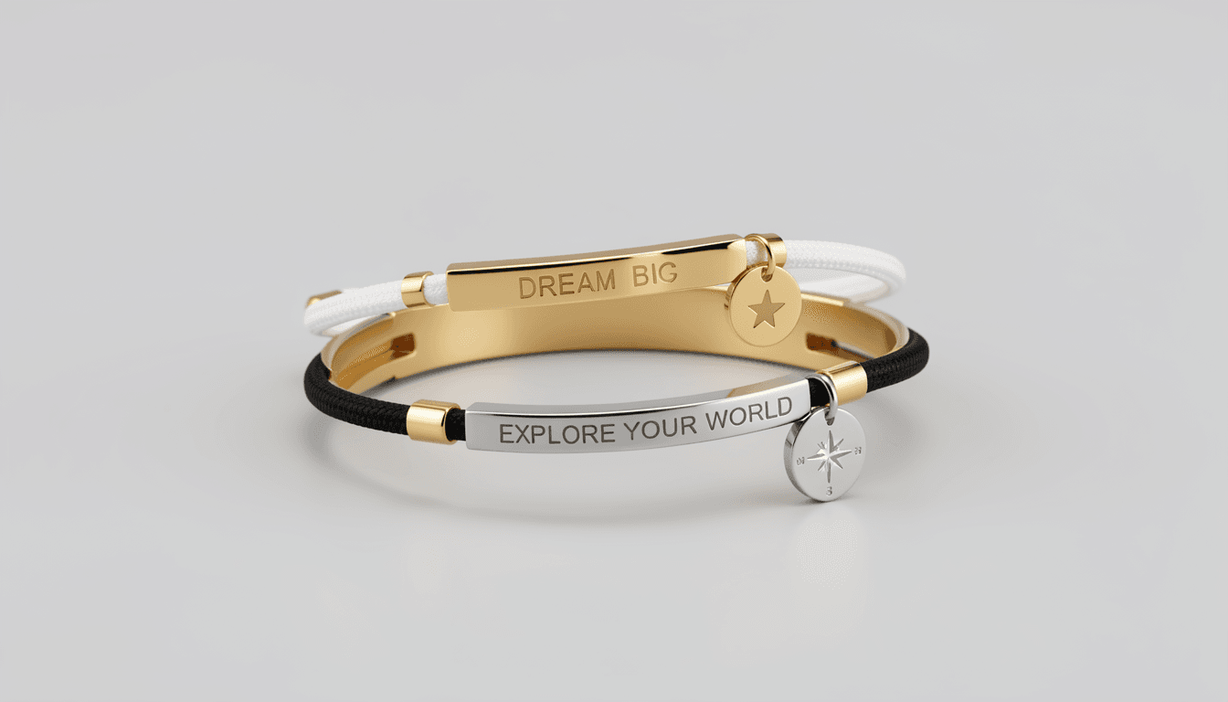 Personalized Minimalist Cord Bracelet: Engraved Bar & Charm in Gold & Silver
