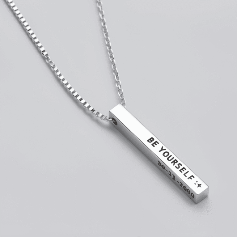 Personalized Silver 4-Sided Bar Necklace: Custom Engraved Vertical Pendant