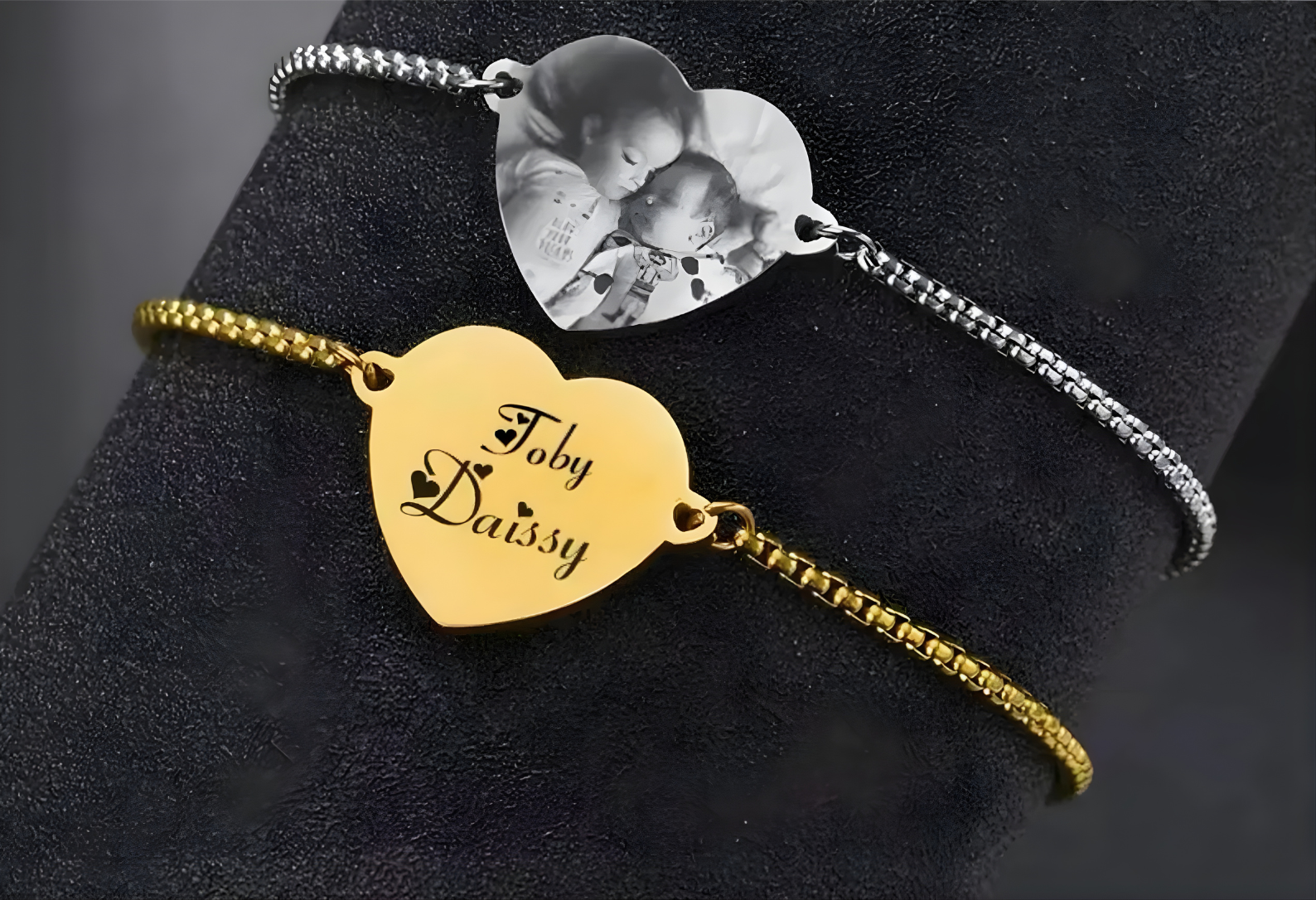 Personalized Custom Engraved Heart Charm Bracelet in Gold and Silver Steel