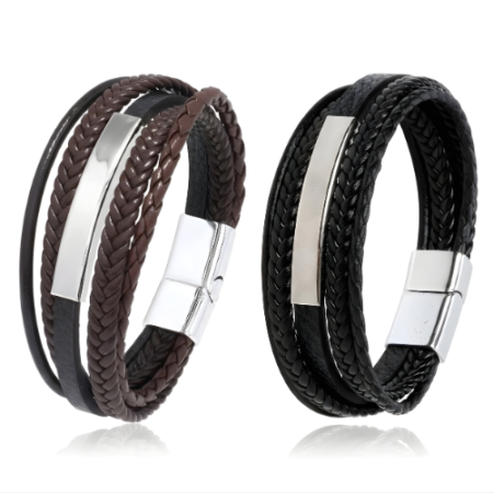 Custom Mens 5-Strand Braided Leather Bracelet – Engraved Steel Charm Black/Brown
