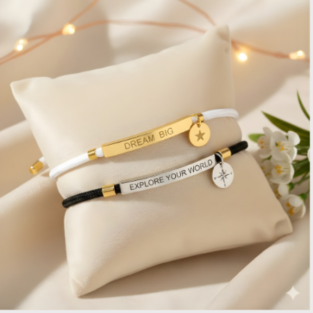 Personalized Minimalist Cord Bracelet: Engraved Bar & Charm in Gold & Silver