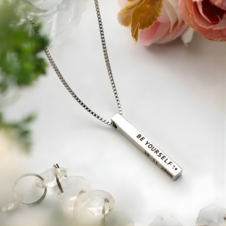 Personalized Silver 4-Sided Bar Necklace: Custom Engraved Vertical Pendant