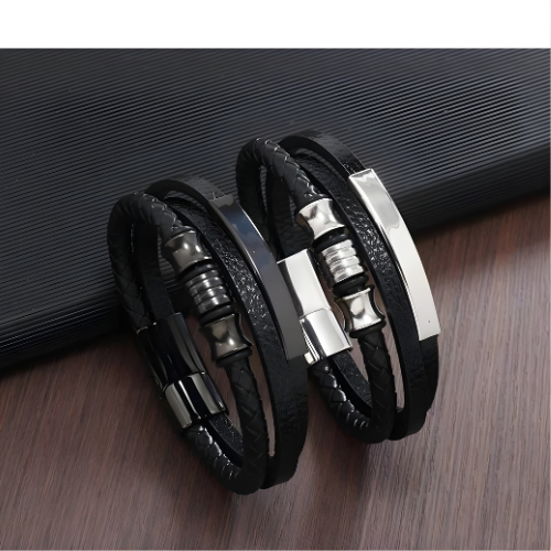 Custom Men’s 3-Strand Braided Leather Bracelet – Engraved Stainless Steel Bar