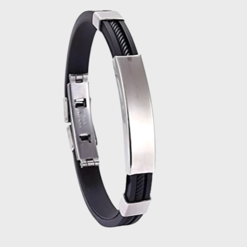 Custom Men’s Industrial Cable Bracelet – Engraved Stainless Steel ID Bar Black