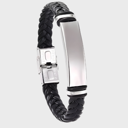 Custom Men’s Bold Braided Leather Bracelet – Engraved Silver Stainless Steel Bar